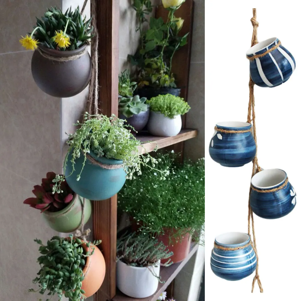 4 sztuk/partia ceramiczna Mini doniczka z liną konopną wiszące donice ogrodowe sukulenty rośliny doniczki Bonsai dekoracja wnętrz