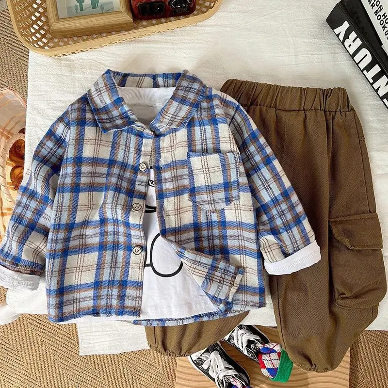 Boys 3 Piece Set Spring Autumn Clothing Suit Long Sleeved T-shirt Checkered Shirt Ankle-length Pants Kids Set Outfits Boys  789