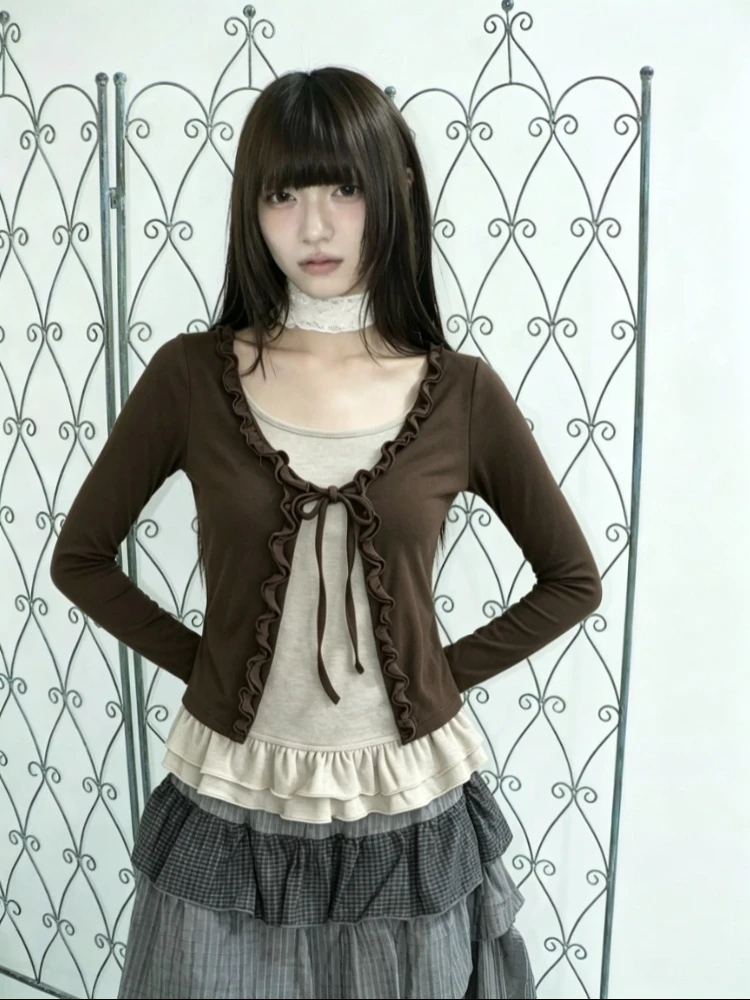 Korean Style Fake Two Piece Y2K Patchwork Long Sleeve Layering Top Harajuku Streetwear Sweet Chic Women Slim Fit Trendy Tops