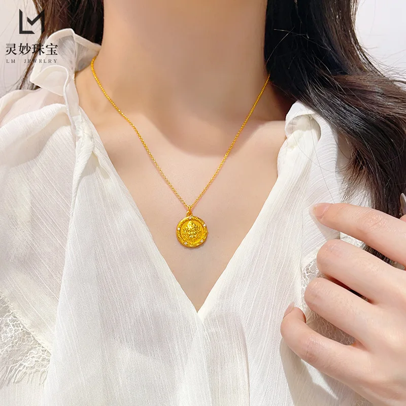 

9999 24K real gold store same style women's gold necklace with diamonds, yellow God of Wealth pendant, exquisite jewelry gift