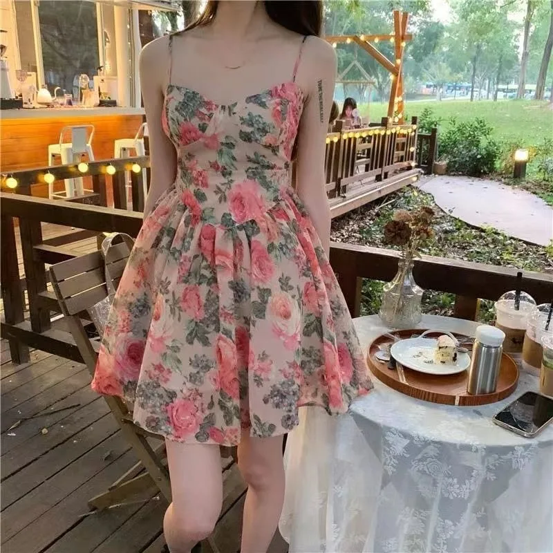 Robe florale à col licou pour femme, jupe courte trapèze fine, taille haute, style français, robes de bureau pour femme, mode printemps et été