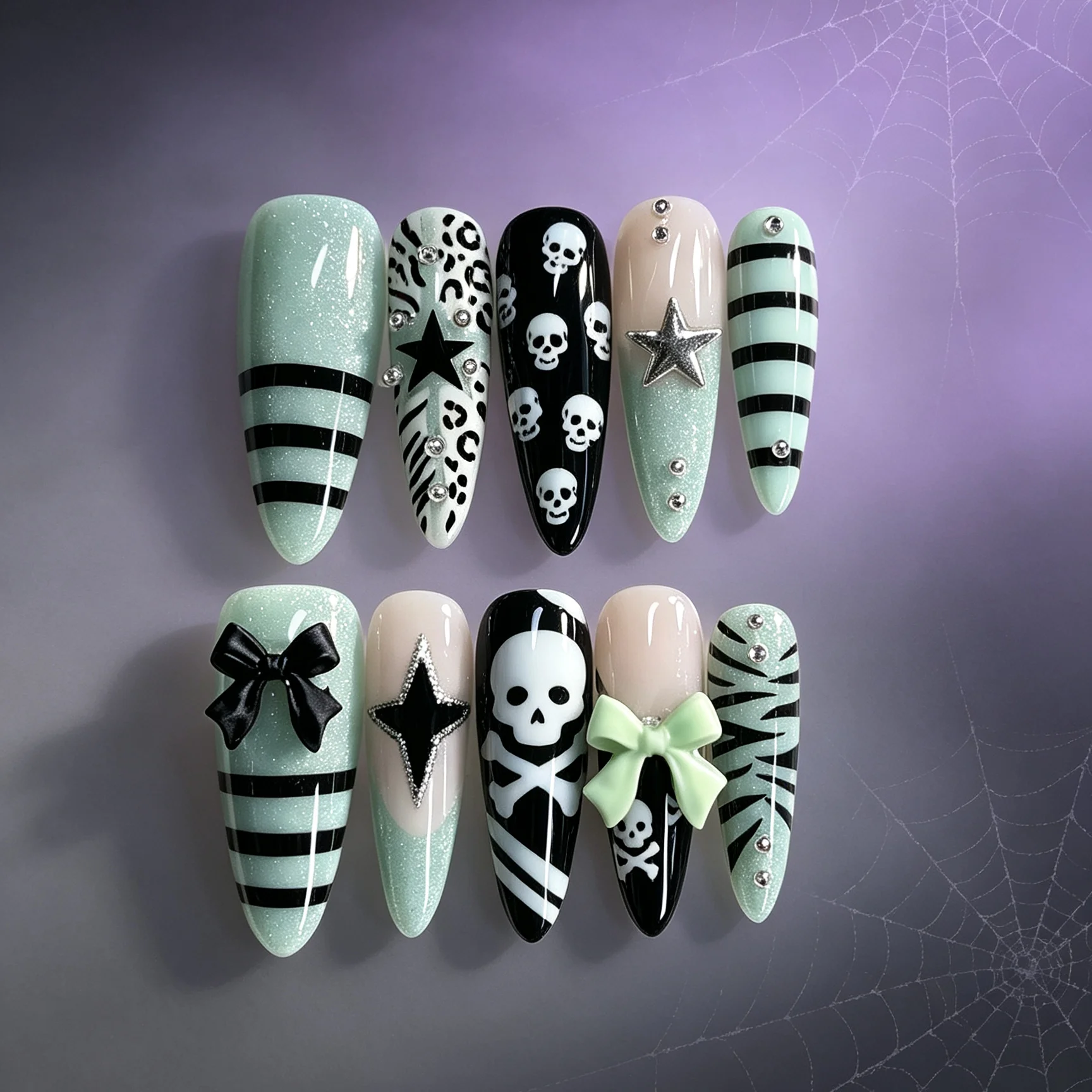 10 handgefertigte, tropfenförmige Kunstnägel, schöne künstliche Nägel, Halloween-Totenkopf-Design in Blau und Schwarz, geeignet für Frauen. – Detail 2
