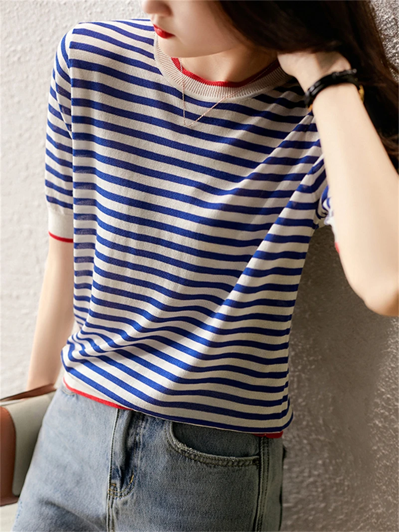 Summer New Contrast Stripe Short sleeved T-shirt Women\'s Round Neck Knitwear Women\'s Top 7555