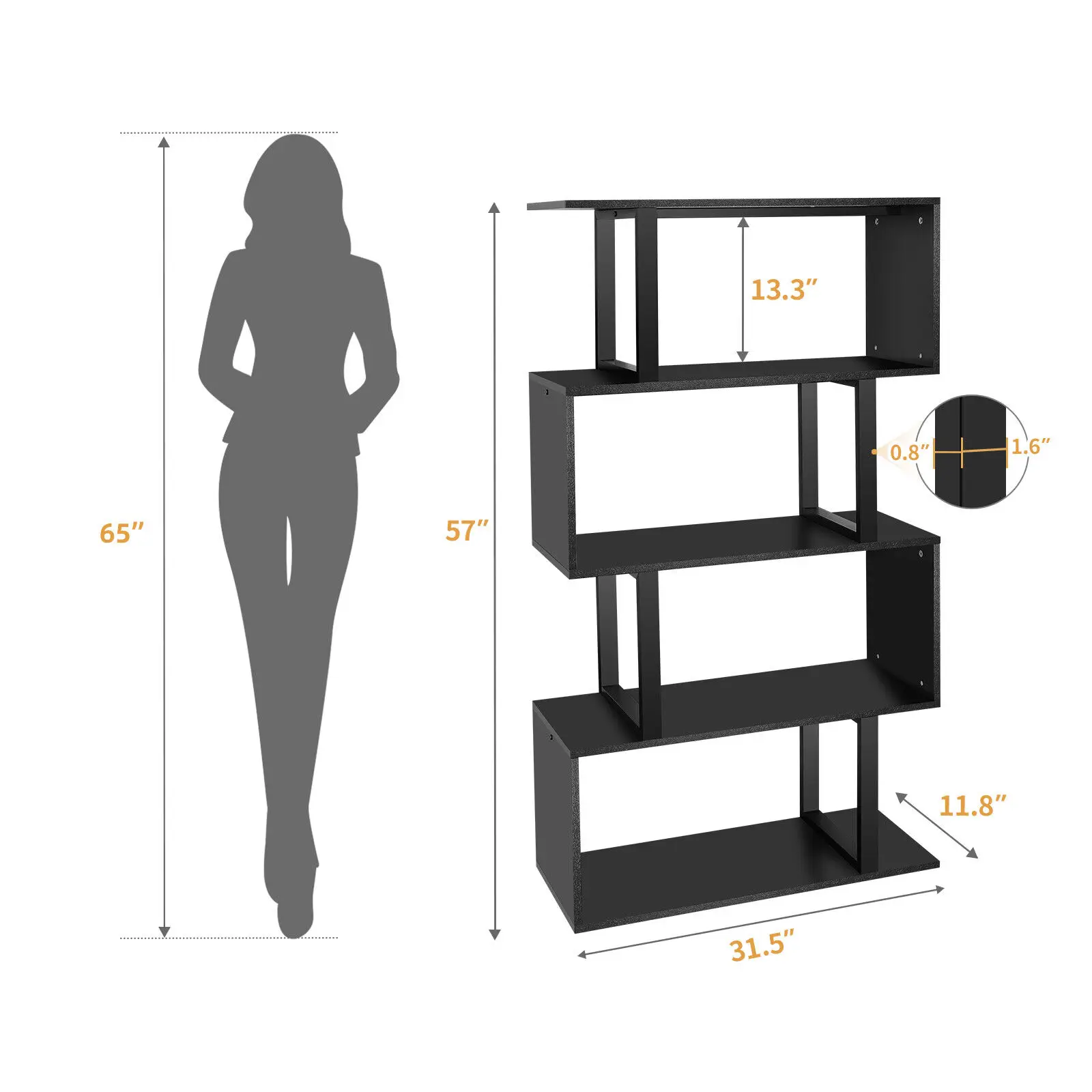 5-Tier Geometric Bookshelf S-Shaped Display Bookshelf Storage Room Divider Black