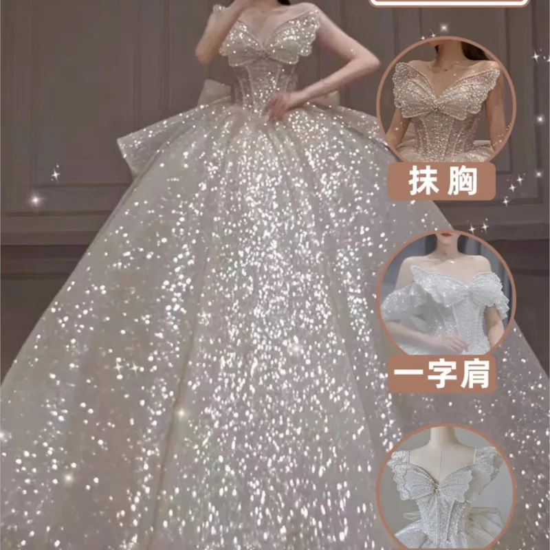 

off-Shoulder Main New Wedding Dress Bridal Heavy Industry Large Size Trailing Small Veil