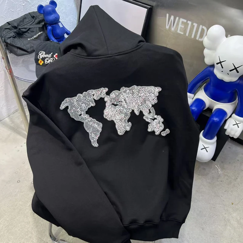Goodbrand Hoodies American High Street Letter Map Sequins Embroidery Fashion Hooded Sweatshirts Zipper Tops Men's Clothing