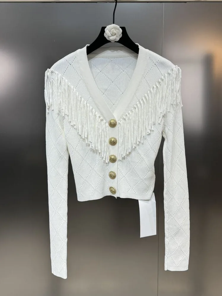 2024 Spring Cardigan For Women New Classic Style V-Neck Tassel Design High-End Long-Sleeved Sweater Cardigan Feminino