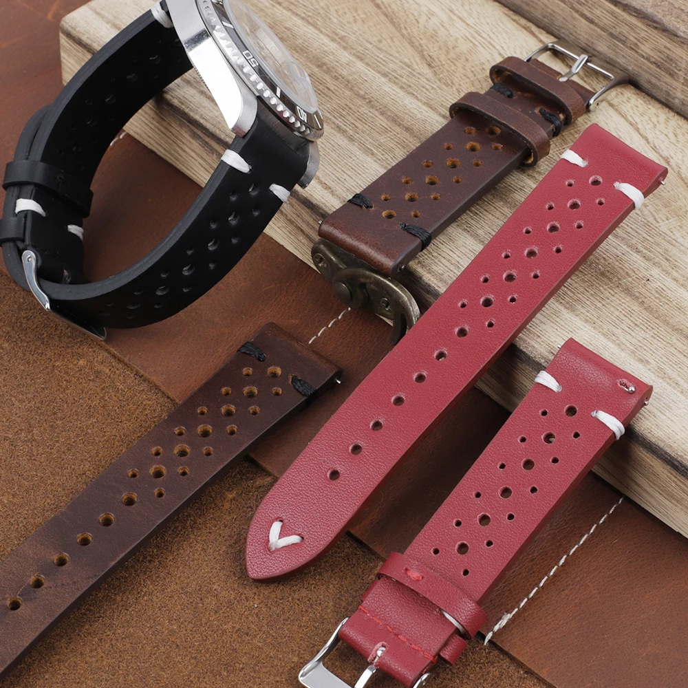 Cowhide Leather Handmade Porous Watch Strap Breathable Oil Wax Watch Band 18mm 20mm 22mm 24mm Men Wrist Watch Strap