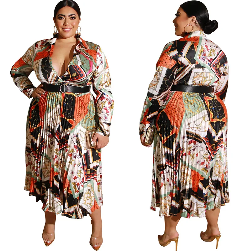 Autumn Women Plus Size Dress Bohemian Dresses with Belt Long Sleeve V-neck A-line Casual OL Elegant Dress Wholesale Dropship