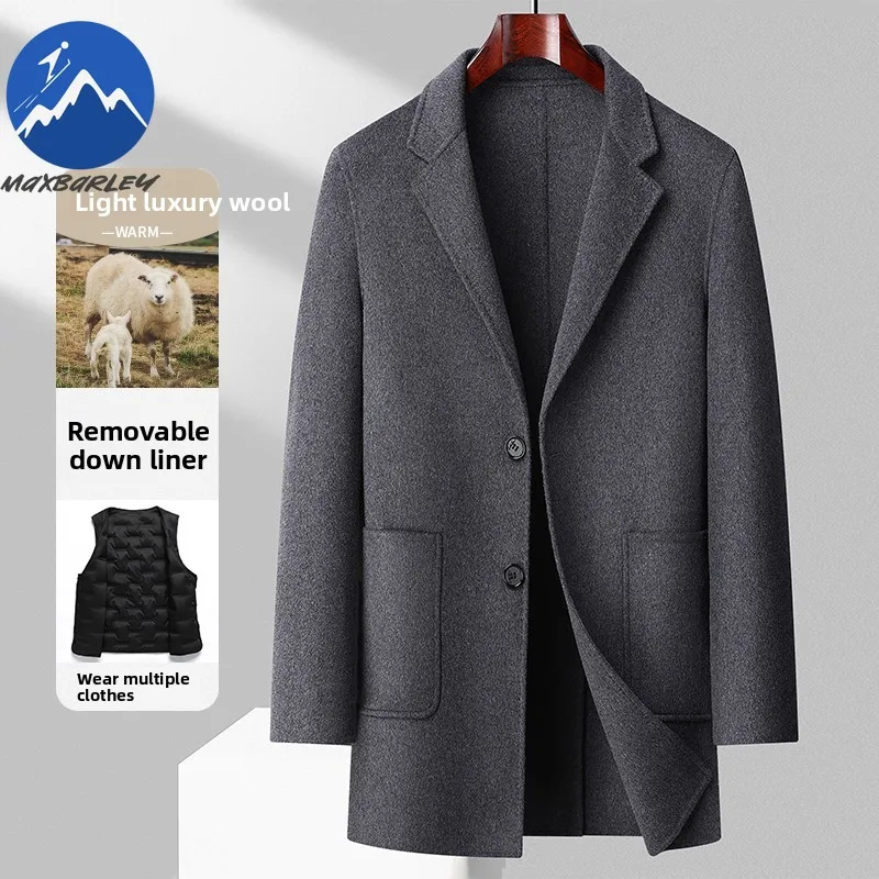 Maxbarley Premium Woolen Coat Luxury Detachable Down Jacket Outdoor Office Windproof Coat Mens Casual Korean Style Trench Wear