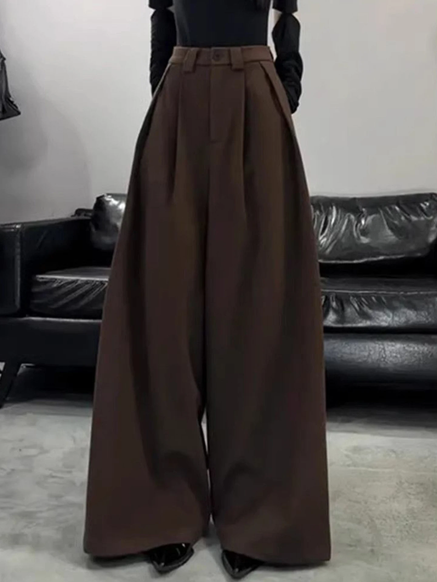 

Широкие брюки с высокой талией, женские плиссированные брюки кофейного цвета, повседневный костюм, осенние свободные утягивающие корейские брюки