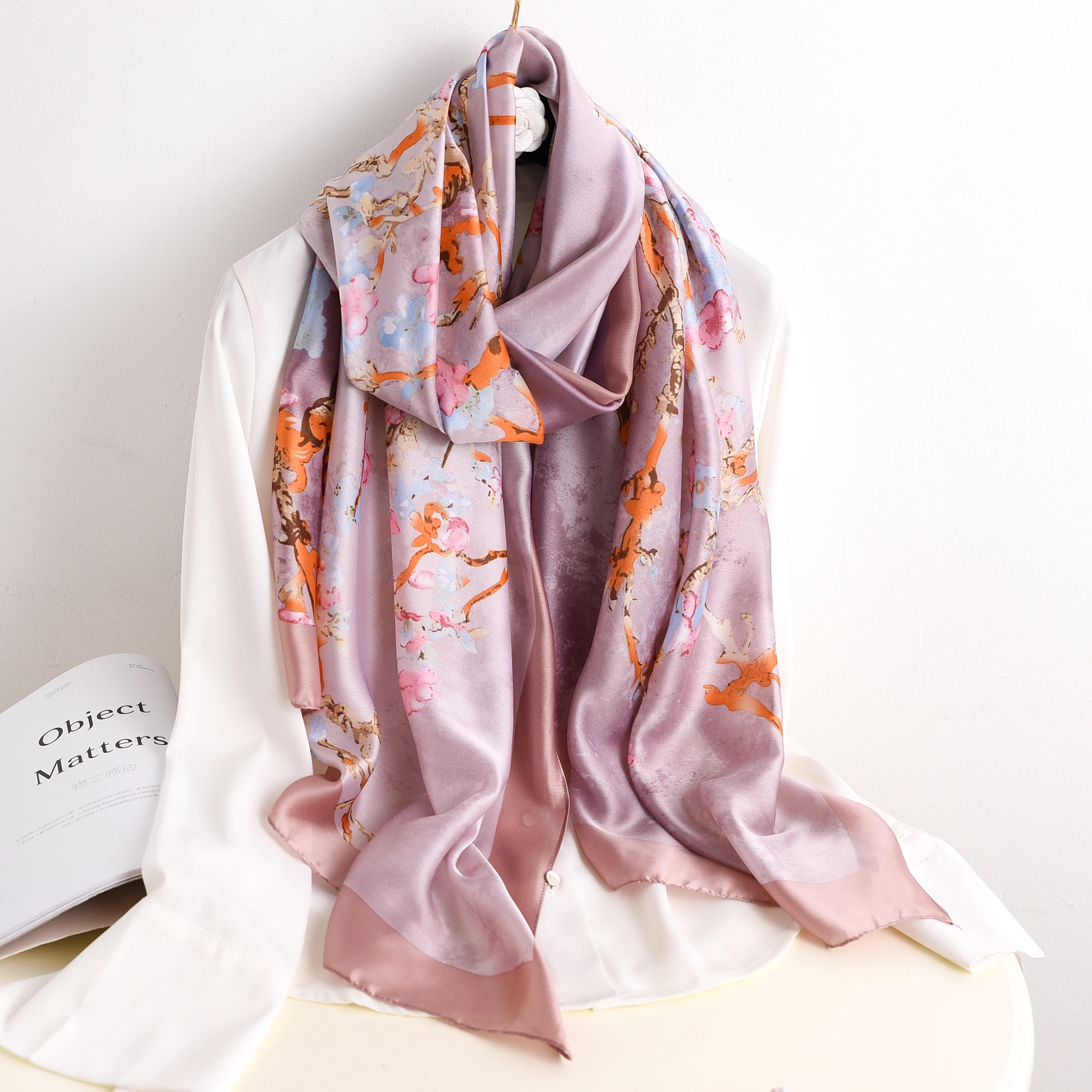 90x180cm Fashion Woman Silk Feeling Scarves Satin Plum Blossom Long Scarf Wrap Ideal Choice for Gifts