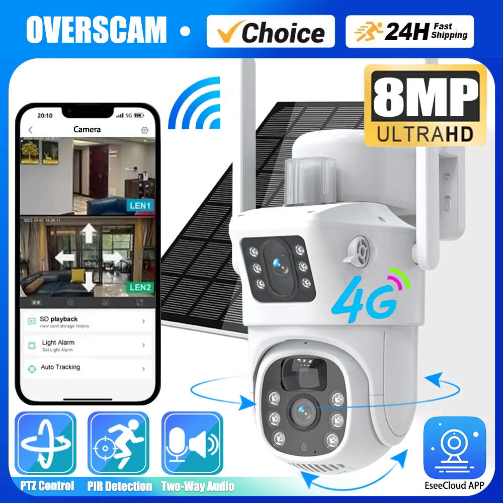 

4K 8MP WIFi/4G Sim Card Solar Camera Outdoor Battery PTZ IP Camera Dual Lens Surveillance Camera EseeCloud Security Protection