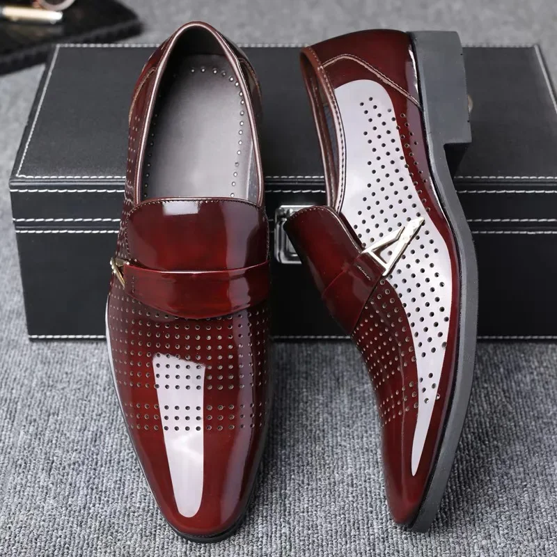 Formal Leather Shoes for Men Concise Slip on Dress Male Footwear Business Office Pointed Summer Breathable Hollow Man Loafers