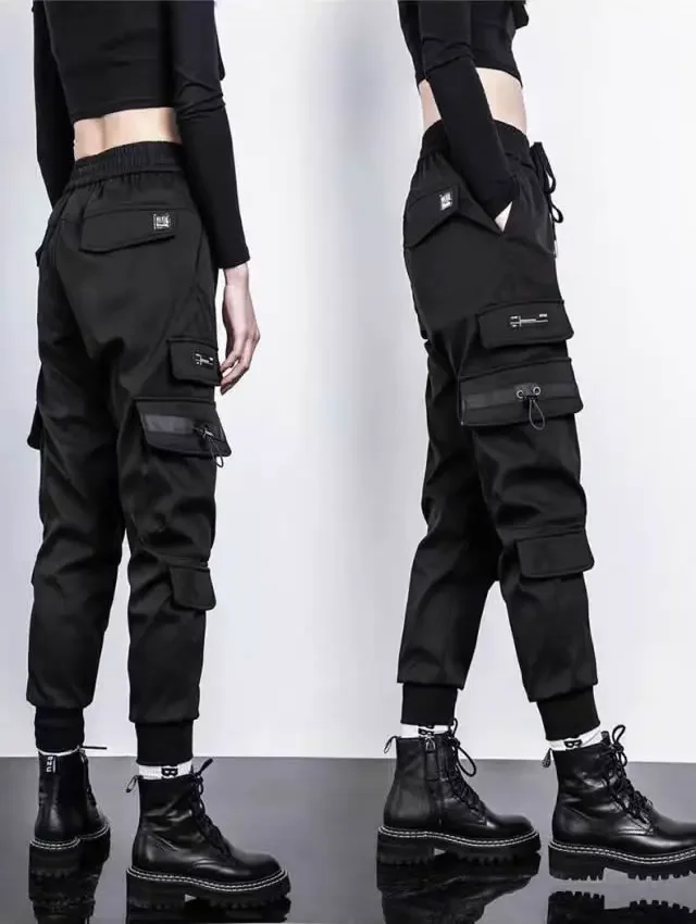 Nuove donne pantaloni Cargo Ins Harem pantaloni moda Punk tasche pantaloni Jogger catena Harajuku elastici vita alta Streetwear 420