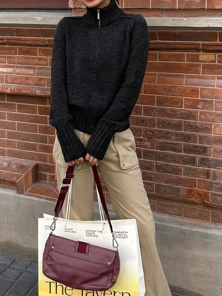 Koreanischen Stil Zipper Strickjacke Frauen Vintage Casual Langarm Pullover Harajuku Herbst Winter Schwarz Strickjacke