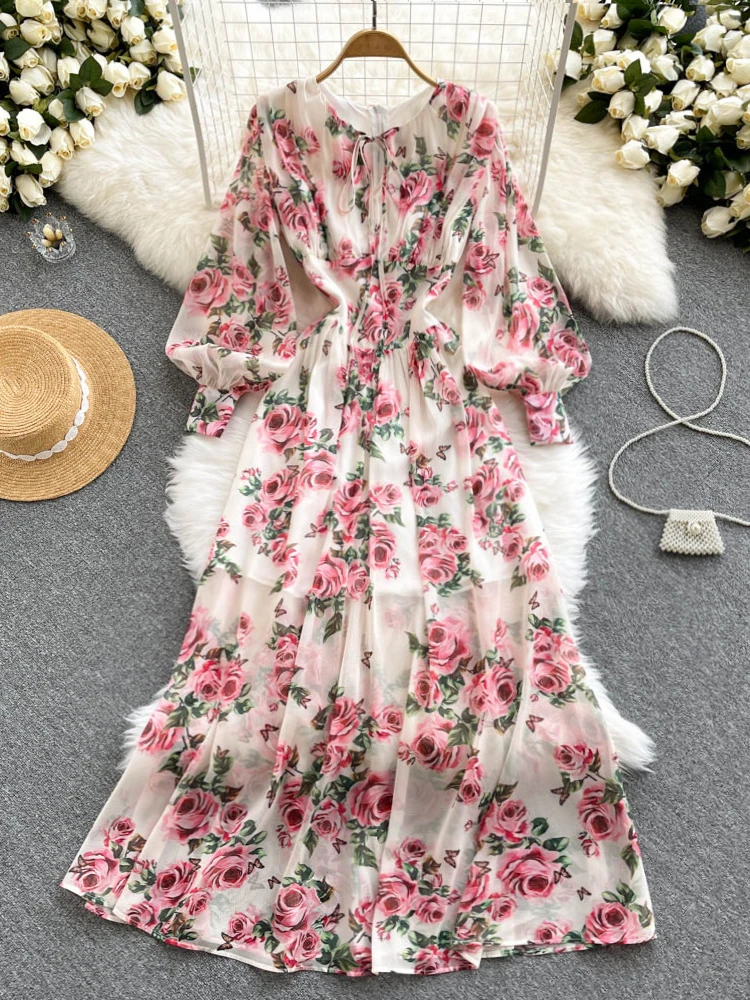 

Women Vintage Floral Round Neck Lantern Sleeve High Waist A-line Dress Spring Elegant Party Long Dresses Vestidos