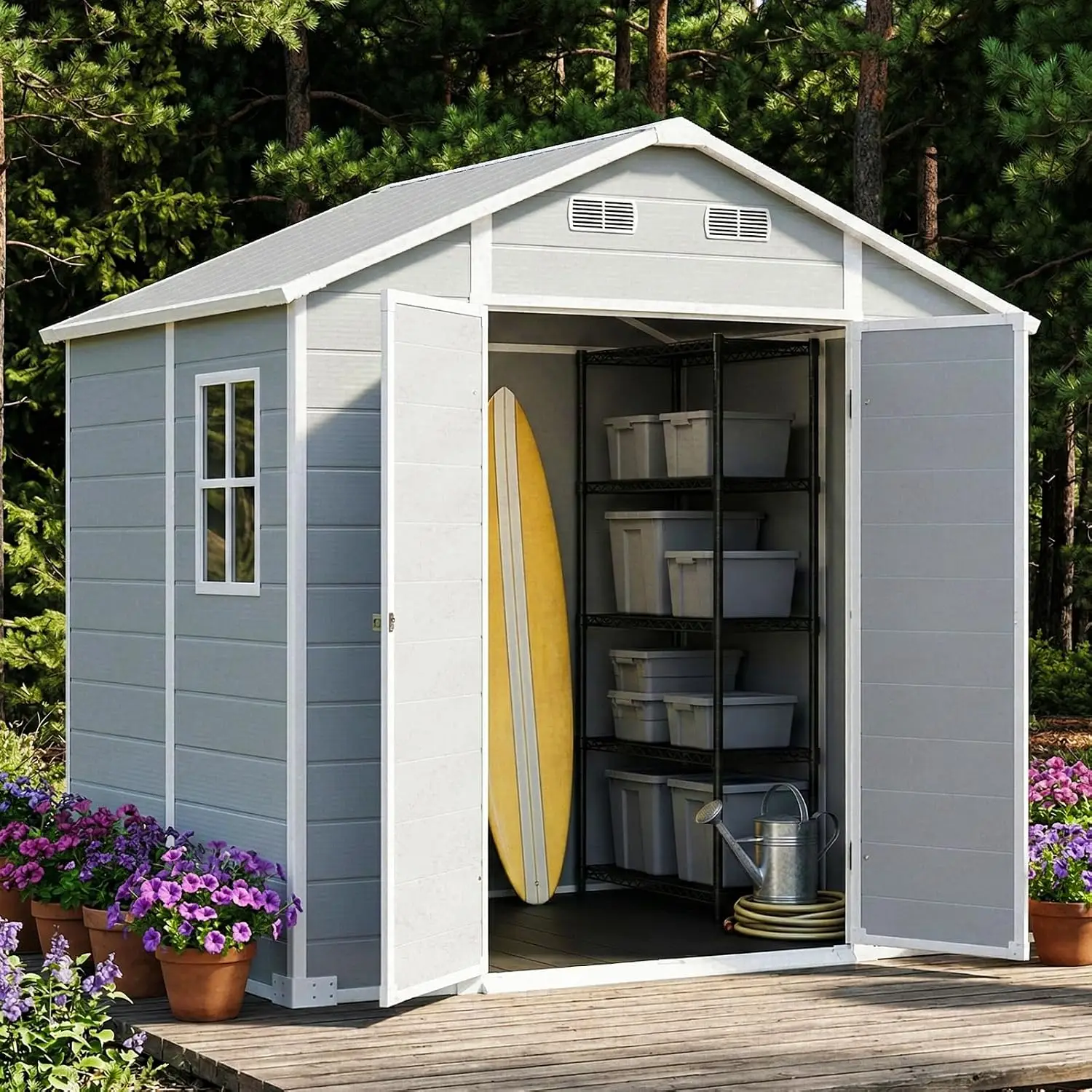 Resin Outdoor Storage Shed Lockable Doors Sloped Roof Ventilation Windows Heavy Duty Floor Backyard Patio 8x6 FT, Customized