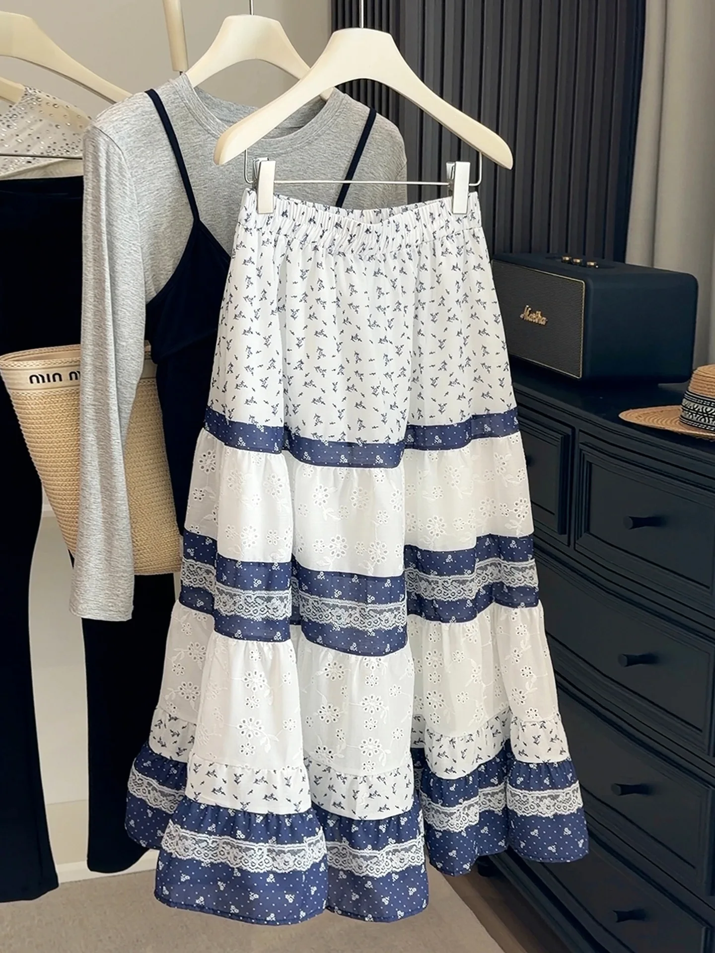 Crochet Hollow Out Floral Blue A-line Skirt Women Summer Lace Trim Layered Cake Skirt High Waist Casual Comfortable Midi Skirts