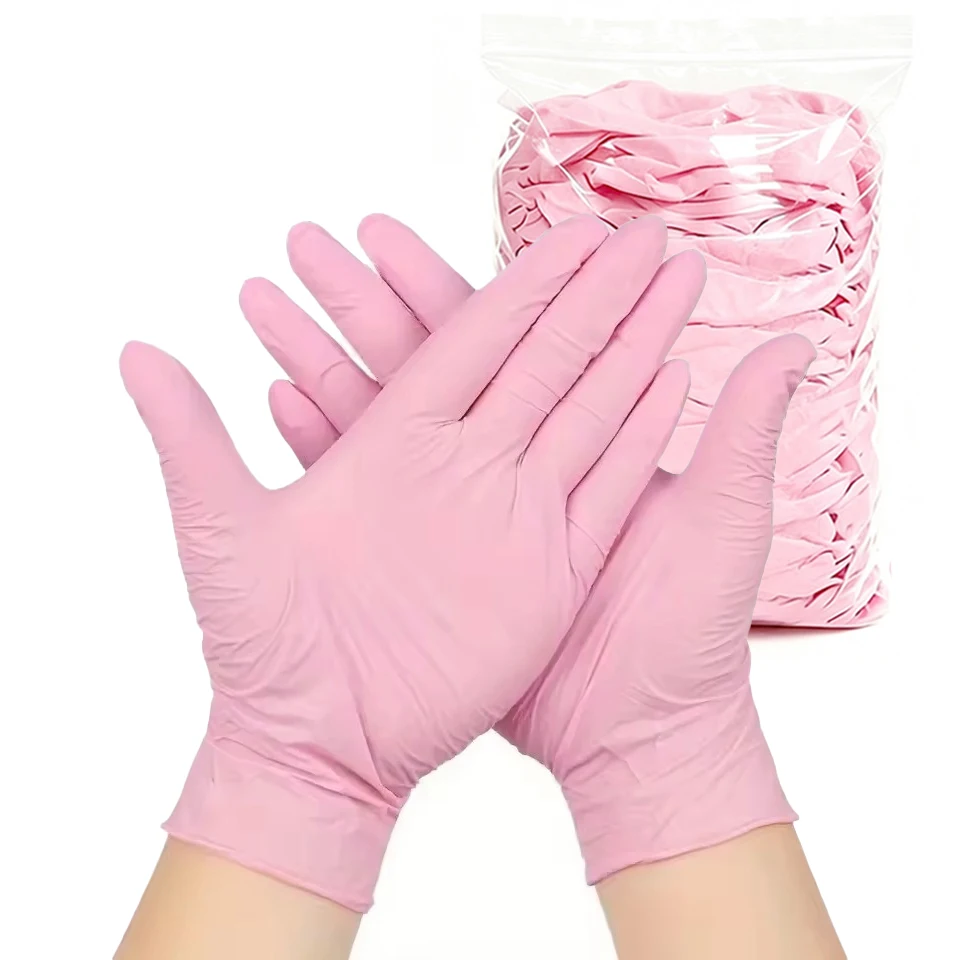 50/100PCS Light Pink Nitrile Gloves Disposable Powder Free Soft Flexible Handwear Beauty Hair Salon Cleaning Daily Use Supplies