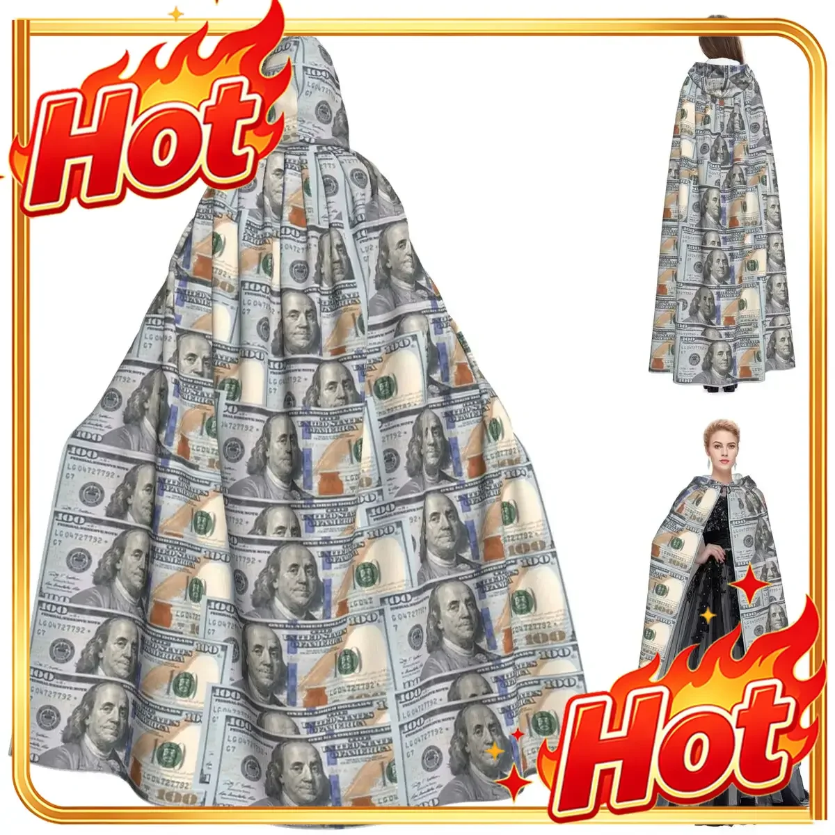 Rich Money Novelty Dollars Long Hooded Cloak Witch Medieval Costume Cosplay Cape HalloweenVampire Adult Unisex