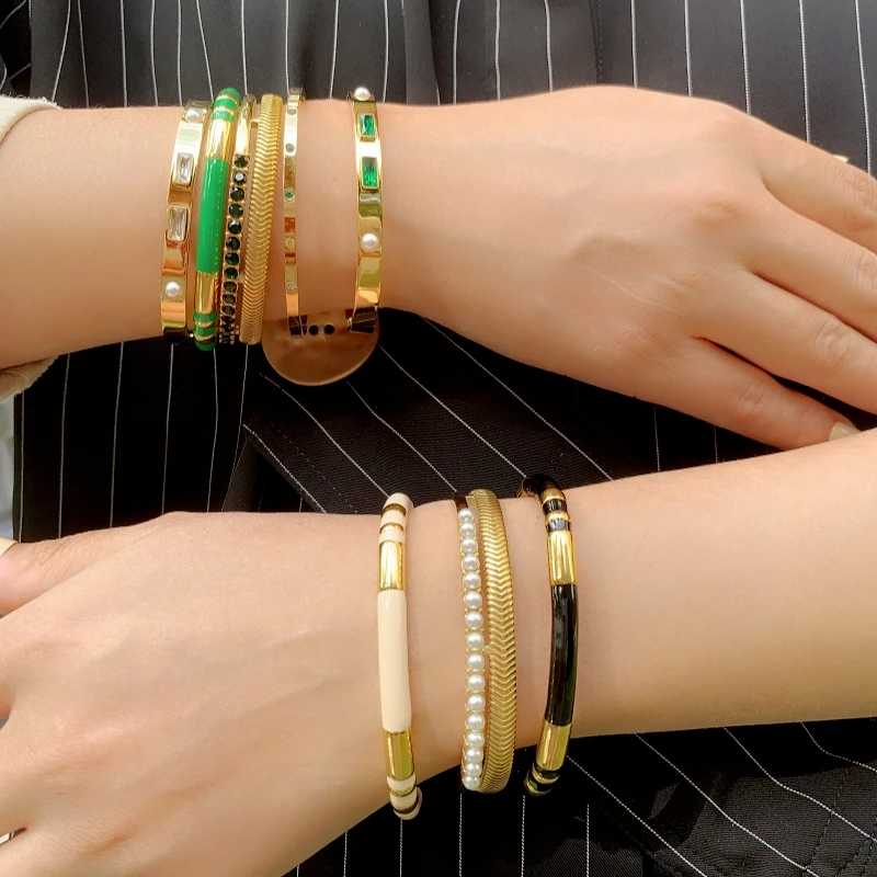 ZALMAN Trendy Chic White Pearl Zircon Bangles Gold Color 361L Stainless Steel Cuff Bracelets For Women Geometric Metal Jewelry