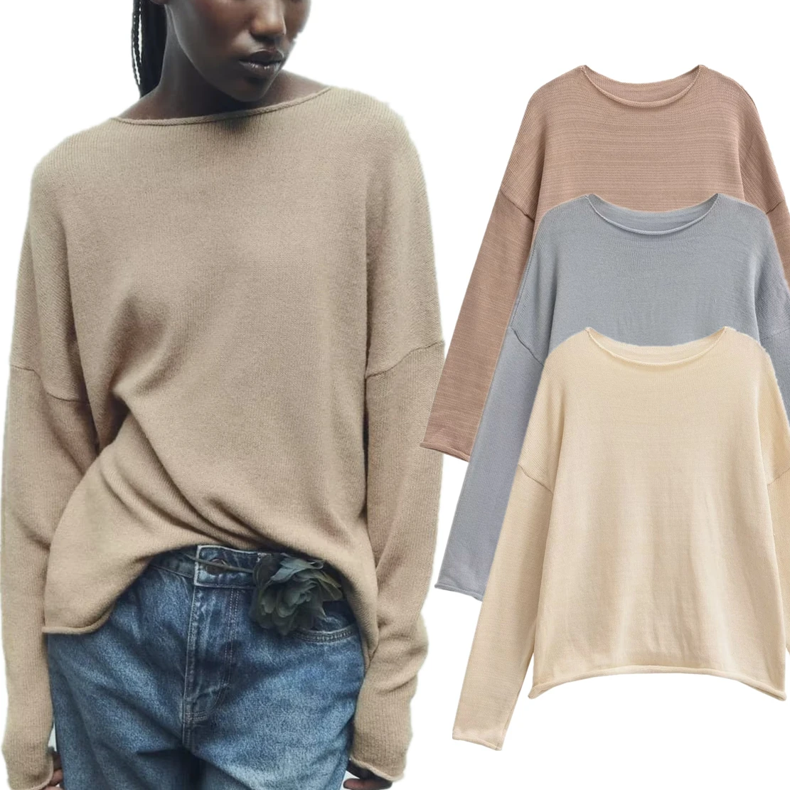 

Dave&Di Fashion Simple Multi-color Round Neck Sweater Autumn Basic Style New Dropped Shoulders Loose Top Women