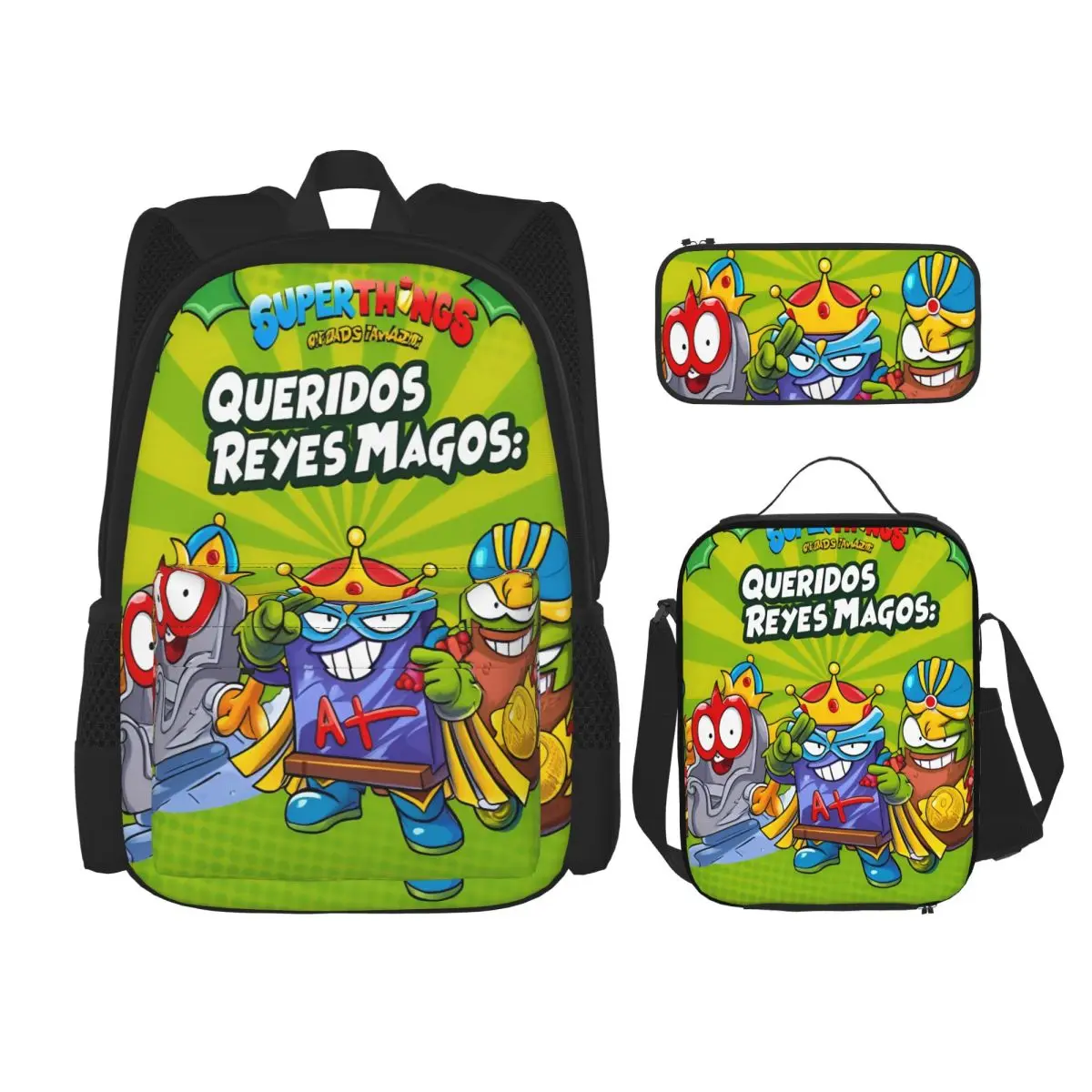 3pecs/set SuperThings Cartoon Backpack for Student Kazoom Power Kindergarten College Shoulder Bag Lunch bag Pencil Case