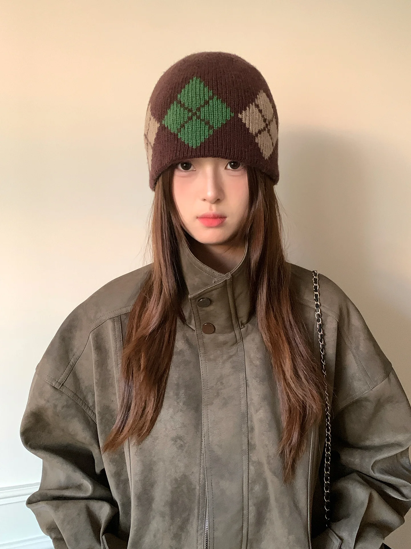 Retro Color-Blocked Argyle Knitted Hat With A New Large Head Circumference Warm And Ear-Protecting Cold Hat