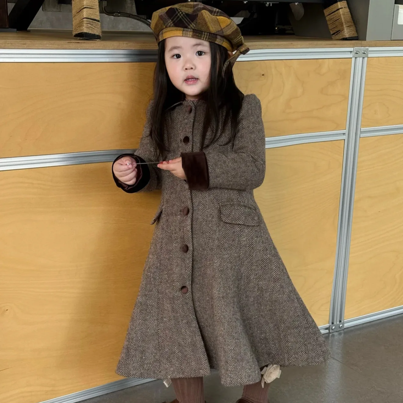 European and American Girl's Loose Velvet Lapel Wool Texture A-line Style Mid Length Jacket 2026 Spring Autumn New
