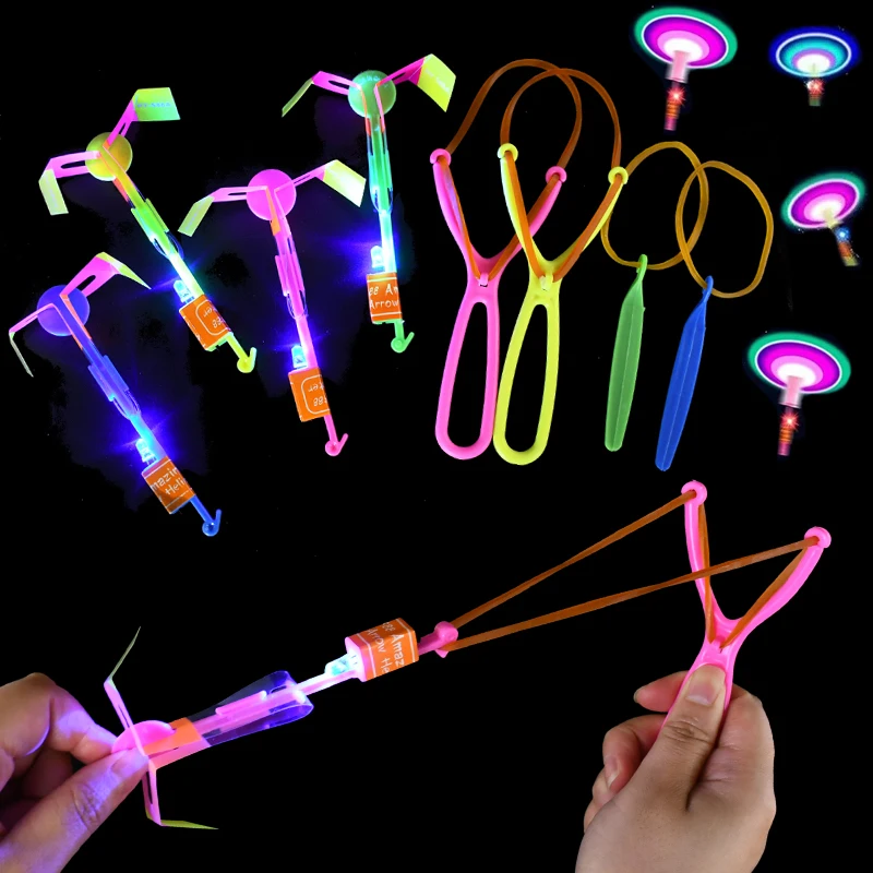 

10pcs LED Slingshot Shining Lights Flash Elastic Helicopter Rotating Flying Arrow Slingshot Glow In The Dark Toys Birthday Gifts