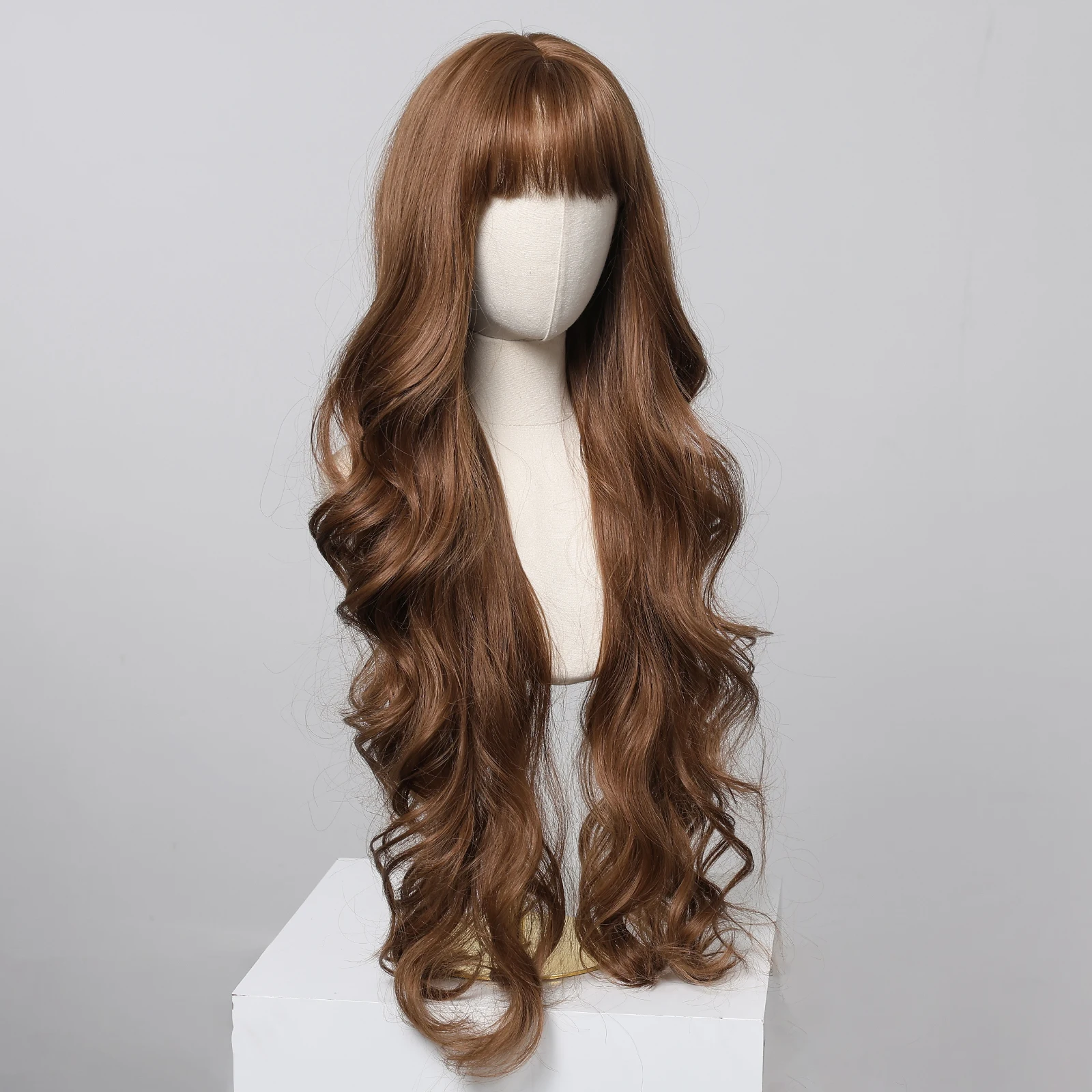 شعر مستعار بني عسلي مموج للنساء مع غرة، شعر مستعار اصطناعي طويل للغاية ومموج للمياه الطبيعية للنساء، كوسبلاي يومي مقاوم للحرارة #4