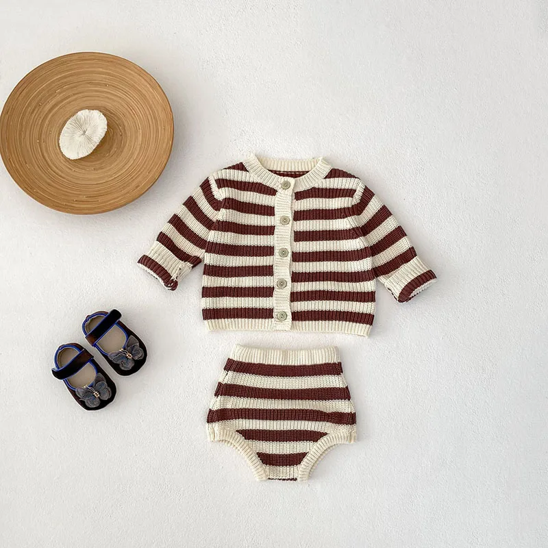 

MILANCEL New Autumn Baby Sweater Set Infant Cute Beige Coffee Stripe Cardigan + Bloomer Toddler Girls Knit Outwear 2PCS