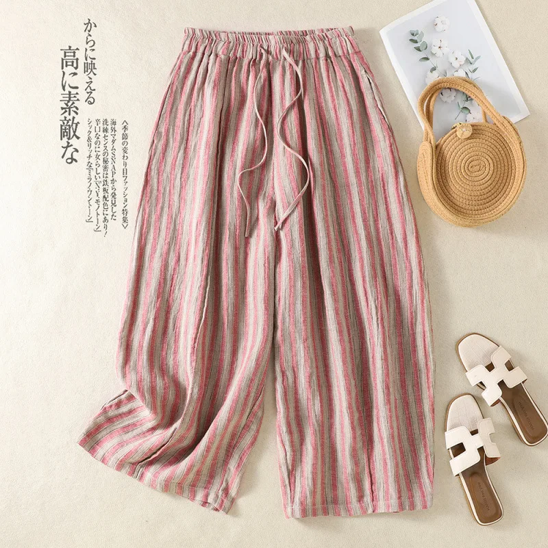 Women Striped Wide Leg Pants Straight Trousers Ankle Lenth Drawstring Waist Slight Strech Loose Office Lady Casual 2026 Summer