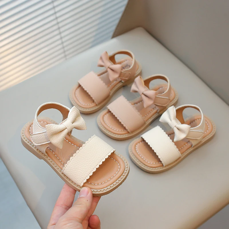 Baby Girls Summer Solid Color Bow Princess Square Head Kids Beach Casual Comfort Sandals Children Elegant Student Flat Bottom