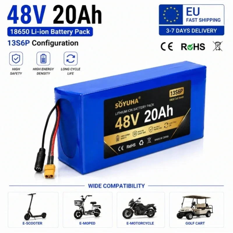 48V 20Ah Lithium-Ionen-Akkupack 13S6P 18650 Zellen E-Bike-Akku Hochkapazitäts-Wiederaufladbarer Li-Ionen-Akku Smart BMS XT60 JST-Anschluss Elektrofahrrad-Roller EU-Lager Schneller Versand