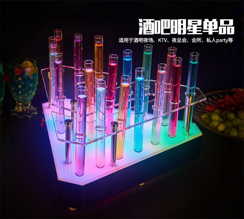 Rechargeable LED Illuminated Acrylic Test Tube Glorifier Holder Stand Rack Glasses Mixed-Drinks Cocktails Holder Tray for Party