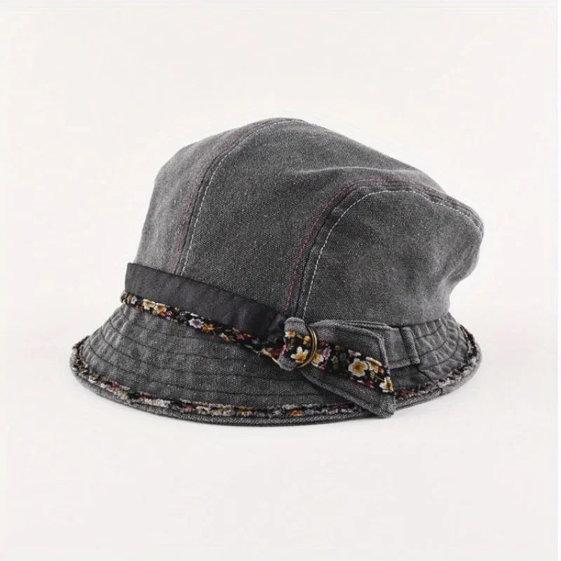 Custom Hat Vintage Washed Denim Bucket Hat With Floral Band Detail, Cotton Crafted With Stripe Stitching, Unisex Korean Style Ca