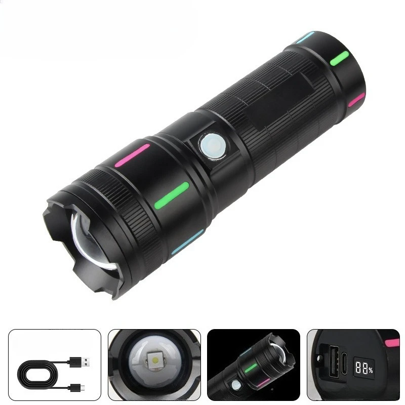 New Zoomable White Beam Flashlight with Luminous Strip Multi Function Mini Torch for Outdoor Night Exploration Emergency Carry