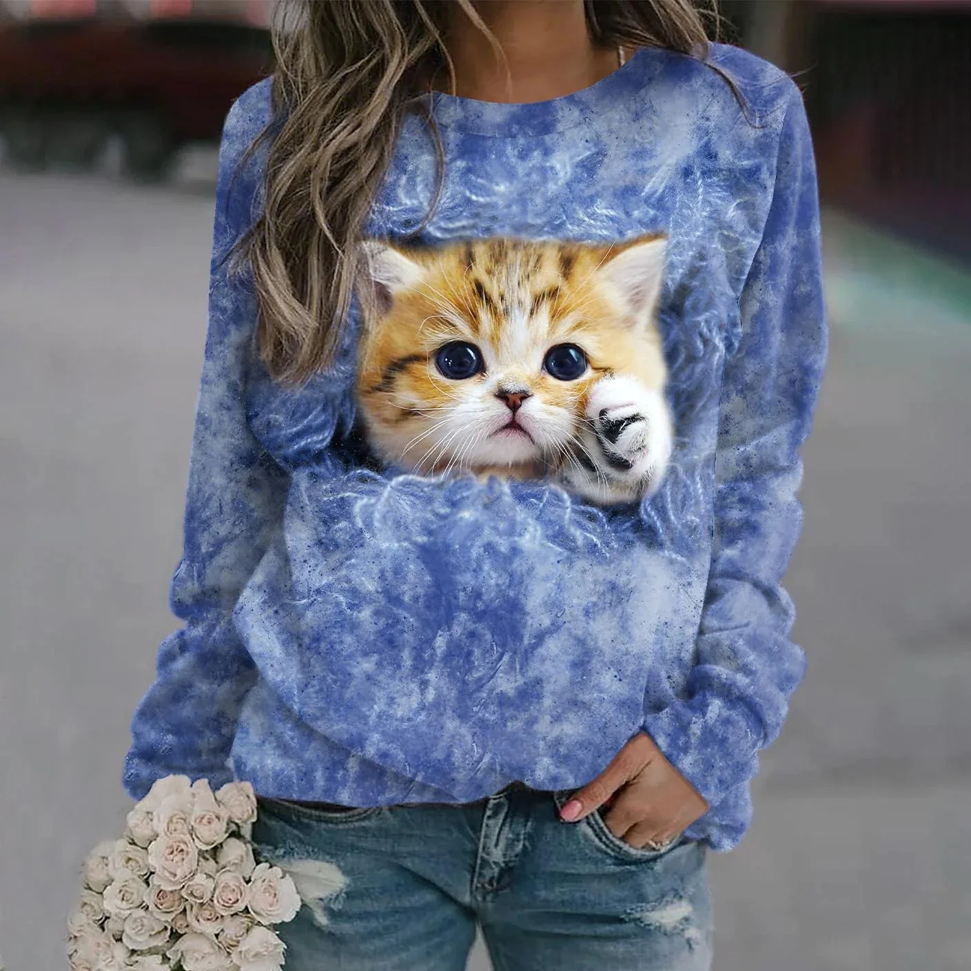 Cute Cat Sweatshirts Animal 3D Print Hoodie Women Fashion O-Neck Hoodies Streetwear Oversized Harajuku Pullover Woman Clothing