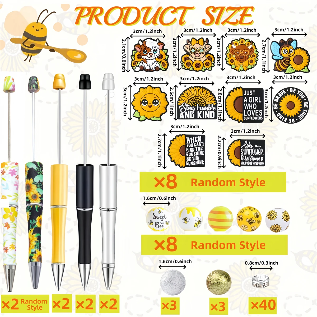 8 PCS Colorful Spring Sunflower, Butterfly Themed DIY Bead Ballpoint Pen Silicone Bead Acrylic Bead Set, Office & Study Supplies