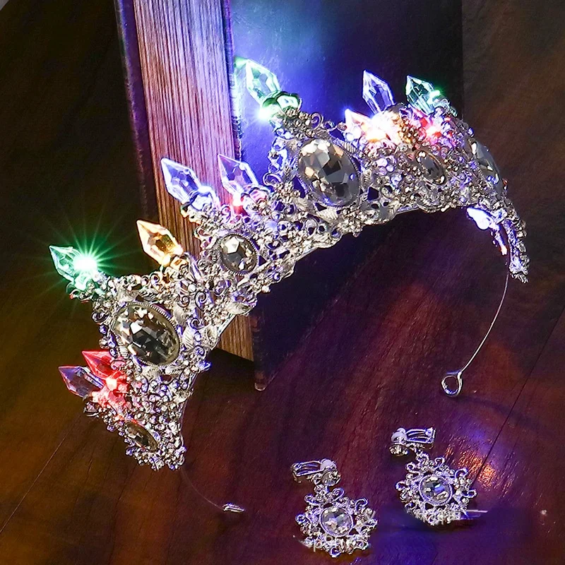 Glow Bride Crown Tiara LED Light Luminous Girl Princess Rhinestone Hair Accessories Birthday Party Wedding Christmas Decoration