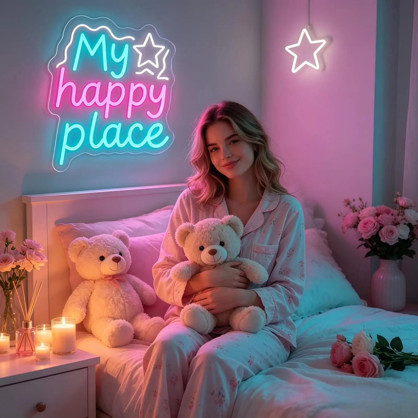 My Happy Place LED Neon Signs for Wall Decor Neon Wall Art Acrylic LED Lights Light Up Signs for Bedroom Decor Bar Pub Party
