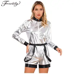 Womens Shiny Metallic Coverall Astronaut Costume Space Alien Robot Halloween Cosplay Outfits Waist Belt Zipper Boyshort Bodysuit