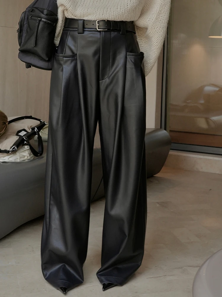 LANMREM Fashion PU Leather Wide Leg Pants Women High Waist Loose Black Long Trousers Streetwear 2024 Autumn New Clothing 2AA2548