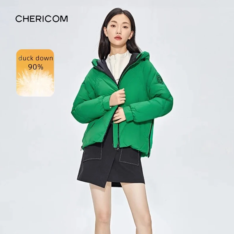 

Chericom Women's Hooded Puffer Jacket Contrast Inner Lining Adjustable Zipper Brand Logo Short Warm Puffer Outerwear Y289088Y