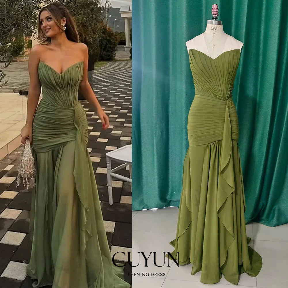 CUYUN Customize Olive Green Women Formal Evening Dresses A Line Pleated Strapless Chiffon Party Dress Banquet Long Prom Dress