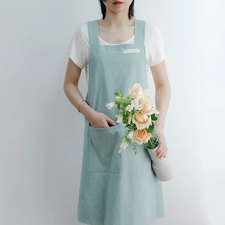 Japanse en Koreaanse katoenen en linnen schort, eenvoudig model, effen kleur, anti-vlek, huishoudelijk keukenschort voor dames.