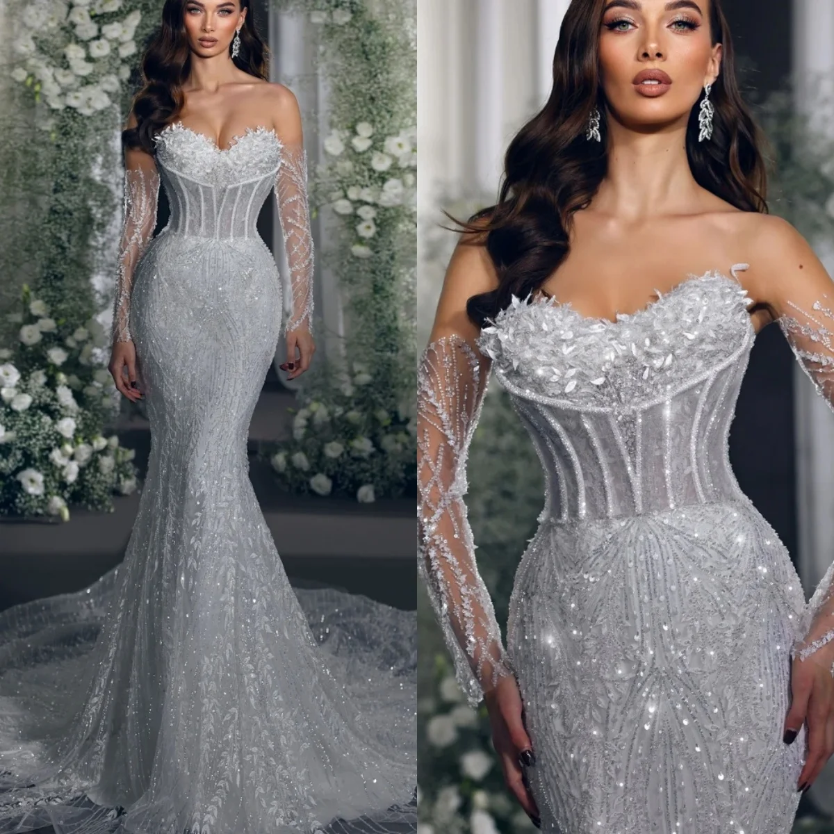 

Luxury Mermaid Wedding Dress Sweetheart Neck Removable Sleeves Bridal Gowns Sequins Appliques Sweep Train Dresses Customized