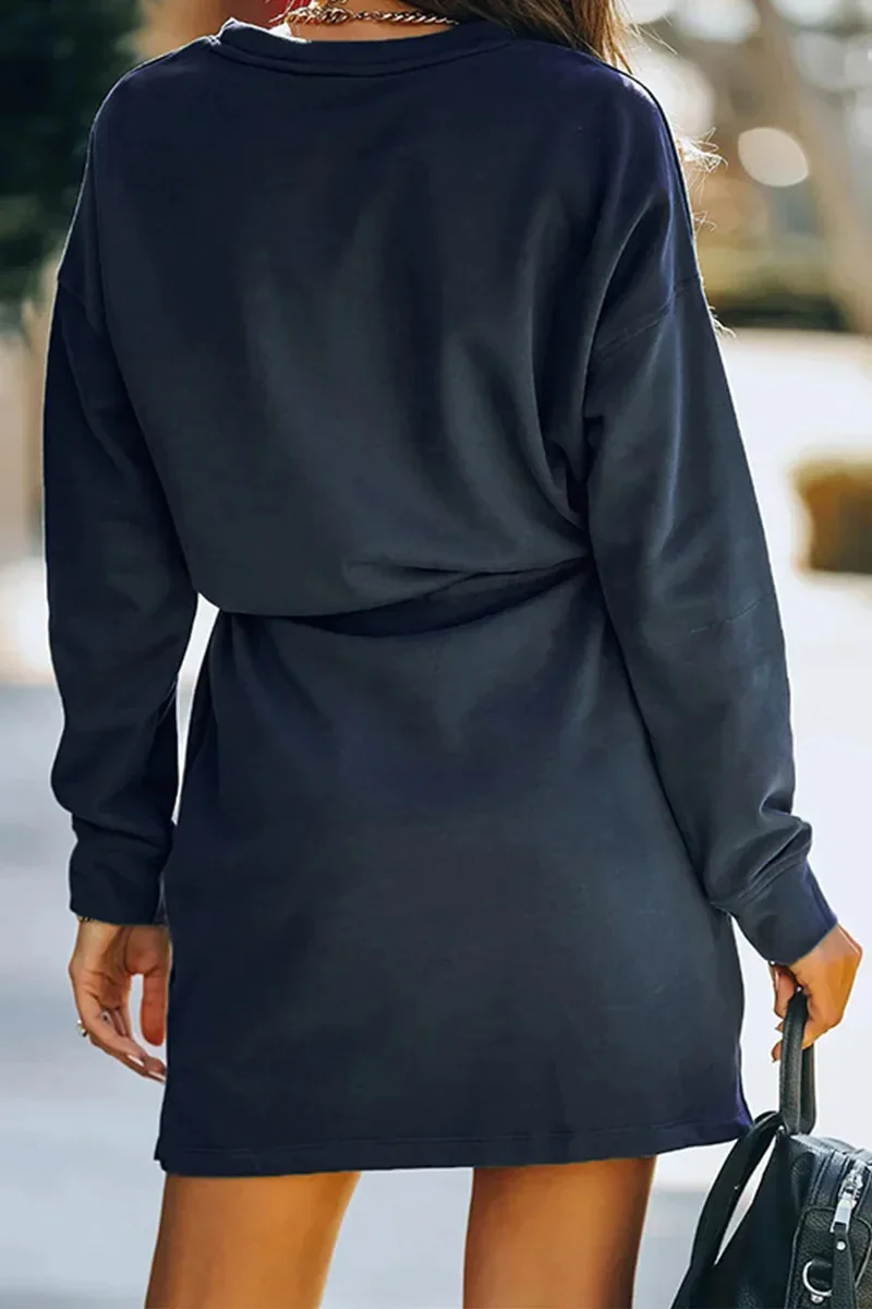 CPSYMYM 秋と冬の新ソリッドカラー O ネック長袖 Tシャツの女性のドレスファッションウエストバンドエレガントな女性のミニ Dressse